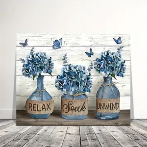 Rustic Country Blue Hydrangea Bathroom Wall Art, Wooden Framed Canvas Painting, Bathroom Sign Artwork Decor Poster Ornaments Artistic