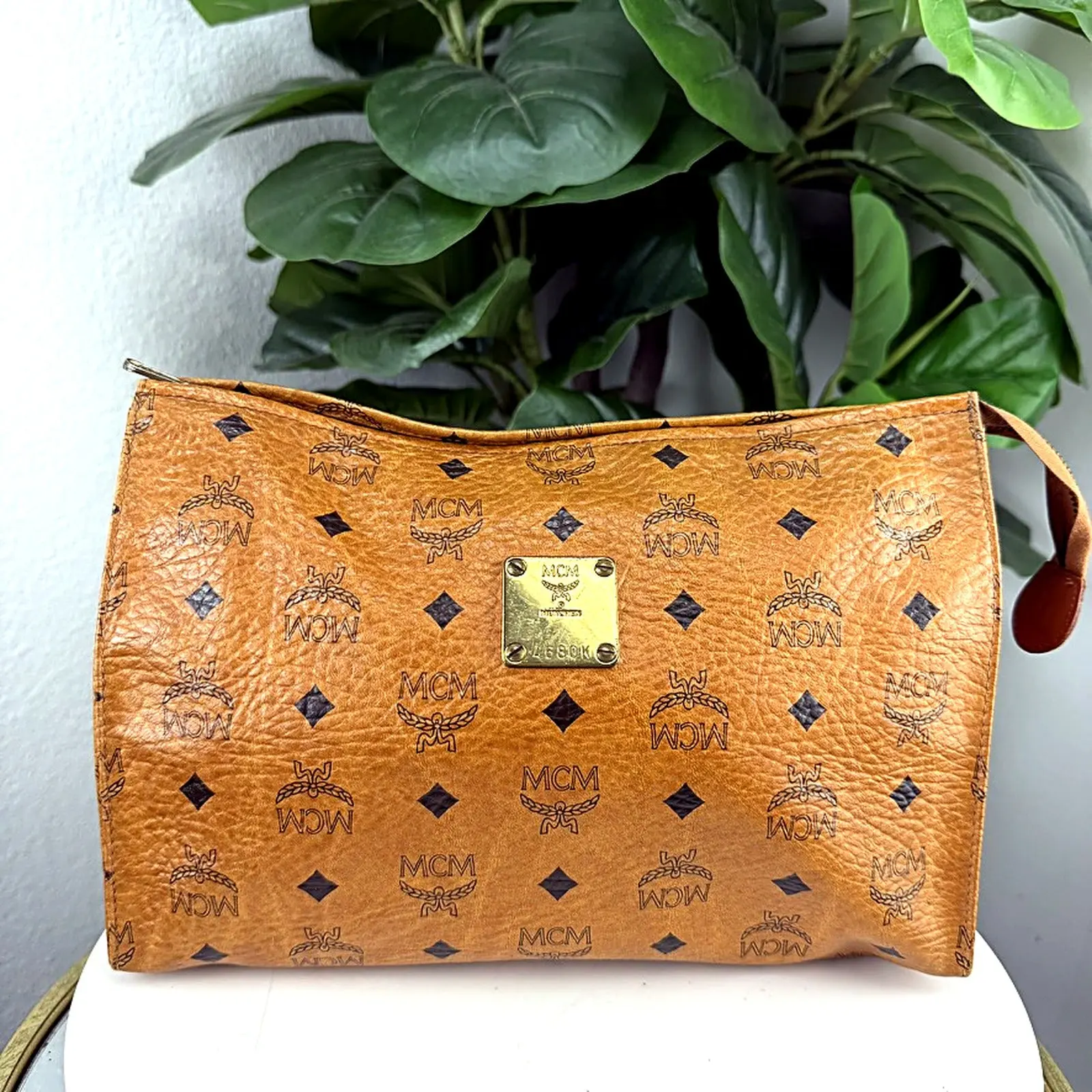 Pre-owned Coated canvas Clutches & Wristlets Authentic Vintage MCM Visetos Cognac Monogram Cosmetic Bag Clutch