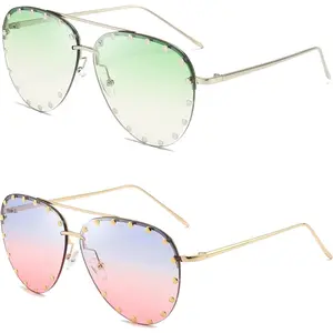 Studded Sunglasses for Women Fashion Studded Aviator Sunglasses Metal Frame UV 400