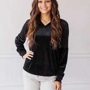 Black Velvet Top with Burnout Leopard Details Black