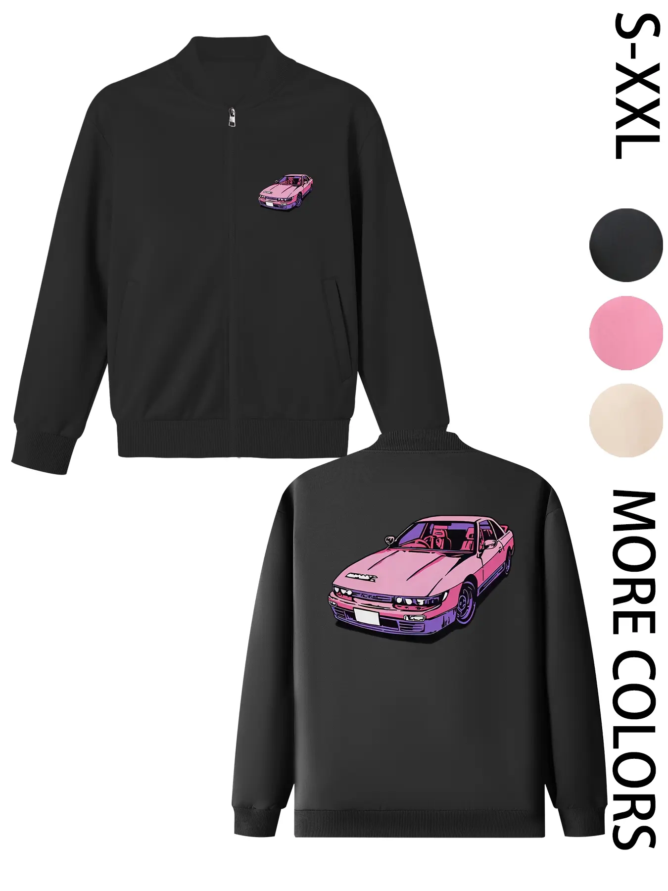 Women's American Street Style Hoodless Bomber Jacket with "Nissan Silvia S13" Print, Lightweight Zip-Up Jacket, American Street Style Print Design, Suitable for All Seasons, Casual & Street Style
