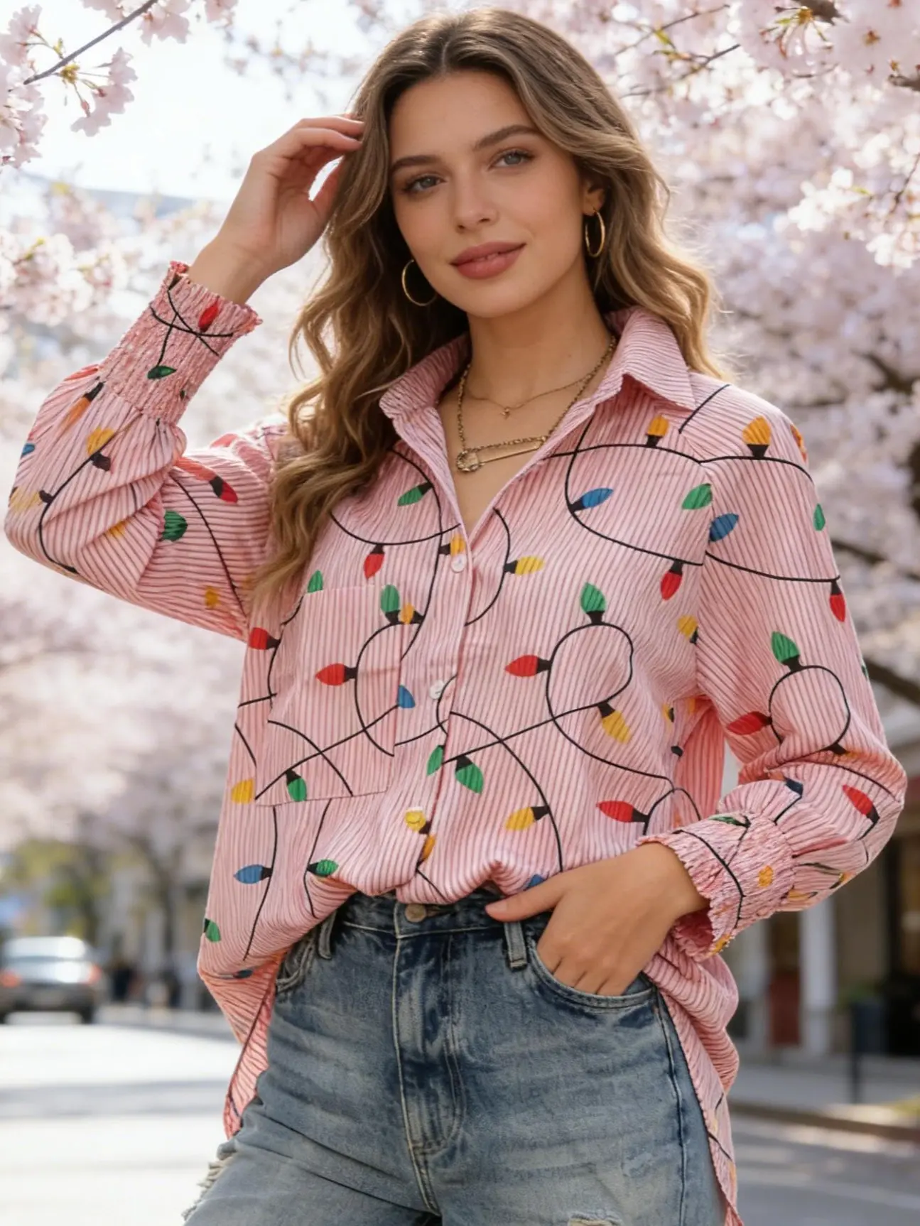 Women's Trendy Blouses, Elegant Colorful Striped V-Neck Long Sleeve Button Up Shirt, Lightweight Business Casual Tops for Office, Blouses For Women, Easter, Piece