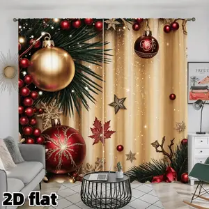 2D Flat 2Pcs Christmas Theme Window Curtain with Gold Red Baubles Design, Festive Pattern Elegant Snowflake Print, Thermal Polyester Drapes, Thermal Insulated Curtain, Holiday Home Decor for Living Room Bedroom Kitchen Dining, Seasonal Treatment