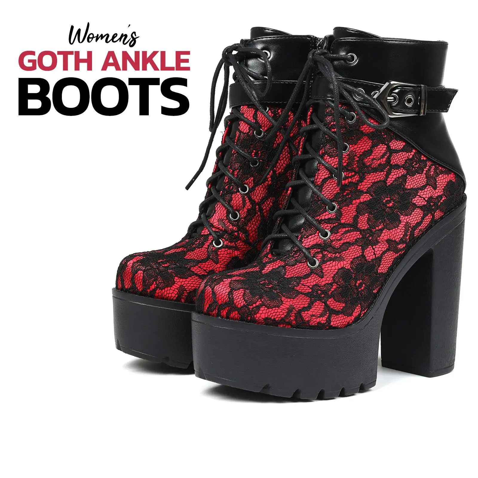 Womens Ankle Boots Round Toe Chunky Block High Heel Lace Up Side Zipper Buckle Victorian Punk Rave Goth Shoes Fashion Date Party Wedding Concert Event Outdoor Comfortable Trendy Combat Platform Boot