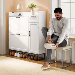 Gizoon 42" White Shoe Cabinet-2 Flip Drawers (Adjustable) Side Cabinet Storage Drawer Open Top-Side Hooks for Shoes Accessories-Space-Saving Entryway Hallway Organizer