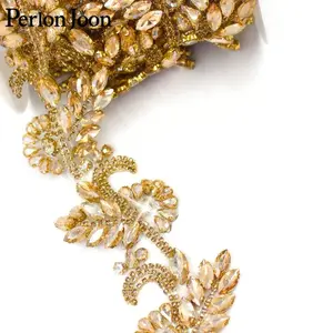 1 Yard Crystal Rhinestone Trim Flower Leaf Shaped DIY Repair Iron-On Rhinestone Ribbon Gold Dress Shoes Bags Accessories TR169