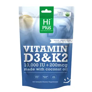 Hiplus Vitamin D3 & K2 10,000 IU 200mcg Infused Virgin Coconut Oil 300 Softgels Bone Health Essential Minerals Antioxidant Supplement Natural Healthy Ingredients Healthcare Dietary supplements