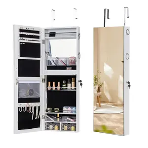 VECELO Jewelry Armoire Cabinet Wall Mounted Mirror LED Light Jewelry Organizer Full Length Mirror Over The Door Hanging Jewelry Storage Cabinet Make up Organizer Drawers Shelves