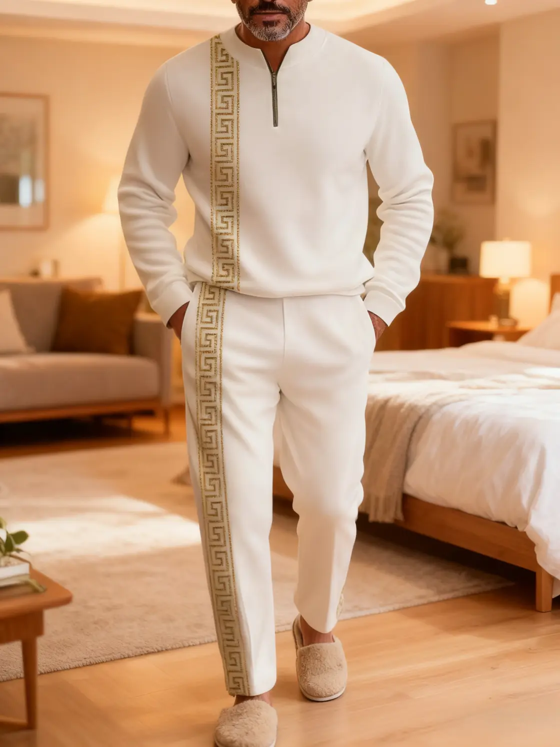 Men's homewear set, made from comfortable and breathable fabric. The long-sleeve sweatshirt pairs with casual pants for a classic and fresh look, suitable for lounging at home or taking a stroll outdoors. vacation high quality polyester simple yellow