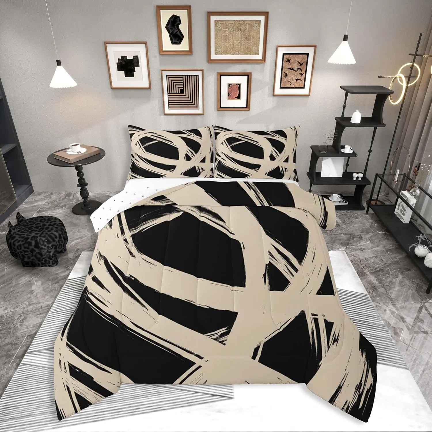 Feelyou Beige and Black Striped Comforter Set - Contemporary Boho Modern Art Quilt, Graffiti Striped Geometric Duvet Insert, Queen Bedding Set, Queen Bedding Sets