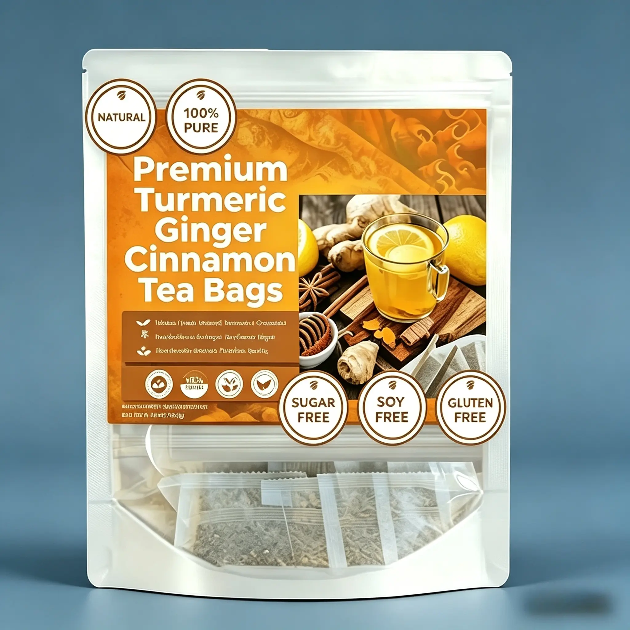 Premium Turmeric Ginger Cinnamon Tea Bags 60 Count Sugar Free Herbal Detox Tea for Immunity Anti-Inflammatory Support Vegan Wellness Drink Lemon Flavor Natural Ingredients