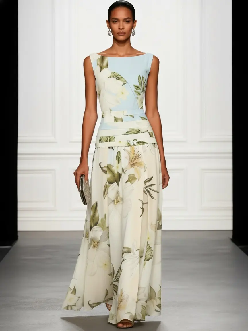 FEHAUTE Floral Maxi Dress: Elegant Boat Neck Ruched Waist A-Line Floor Length Summer Vacation Gown Blue Women Fitted Womenswear