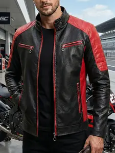 Men's High-End Faux Leather Motorcycle Jacket, Biker Jackets, Racing Riding Coat, Y2K Vintage Slim Fit, Long Sleeve, Street Style, Patchwork Jacket