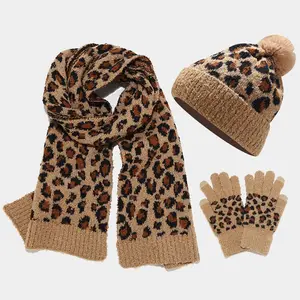 Leopard Print Women's Knitted Hat Scarf & Gloves Set Cold Protection Autumn Winter Fashionable Three-Piece Set