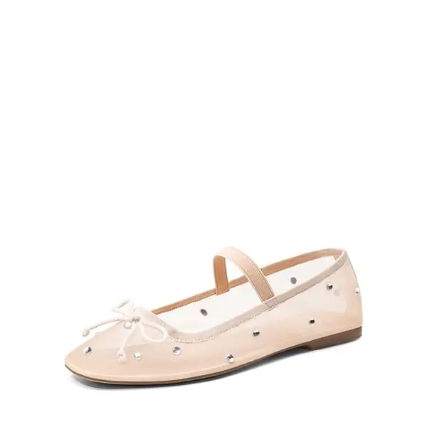 Dream Pairs Women's Sheer Mesh Ballet Flats with Rhinestone Embellishment, Comfortable Slip-On Shoe with Elastic Strap and Bow, Footwear
