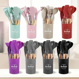 Silicone Cooking Utensils Set, 14pcs/set Modern Non-stick Cooking Utensils Set with Wooden Handle, Kitchen Cooking Utensils Set for Home Use, Silicone Spatula Set, Kitchen Gadgets, Durable Kitchenware