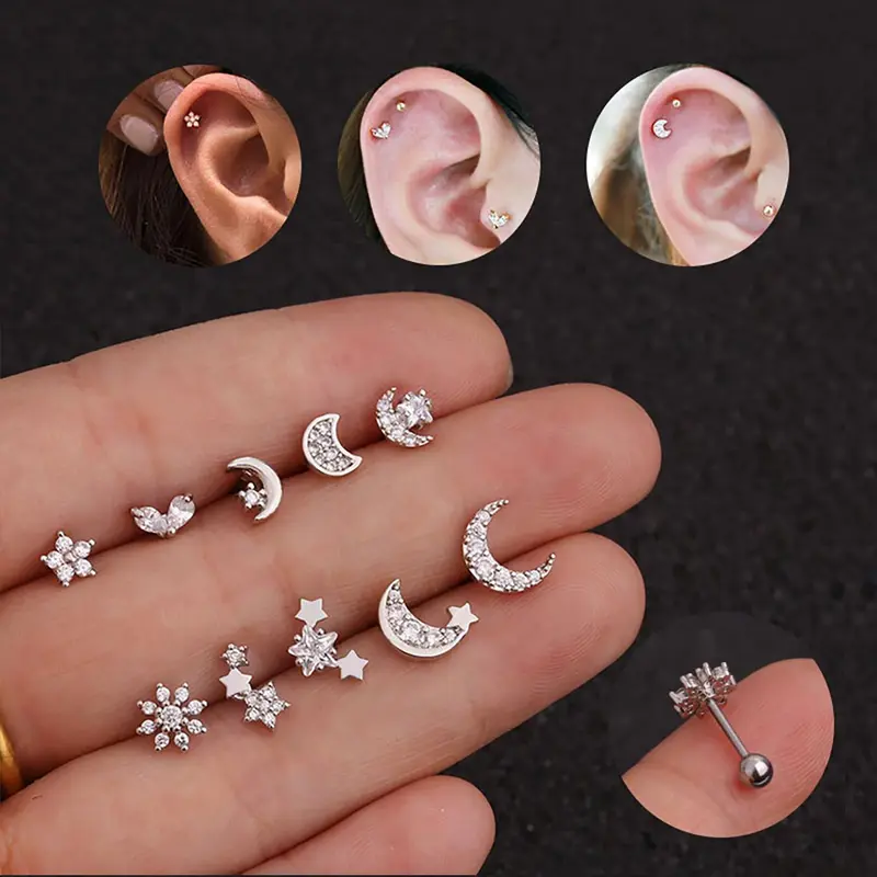Women's Elegant Rhinestone Decor Star & Moon Design Stud Earrings, 10pcs/set Earring Stacking Set Trendy Exquisite Stud Earrings, Chic Gorgeous Jewelry