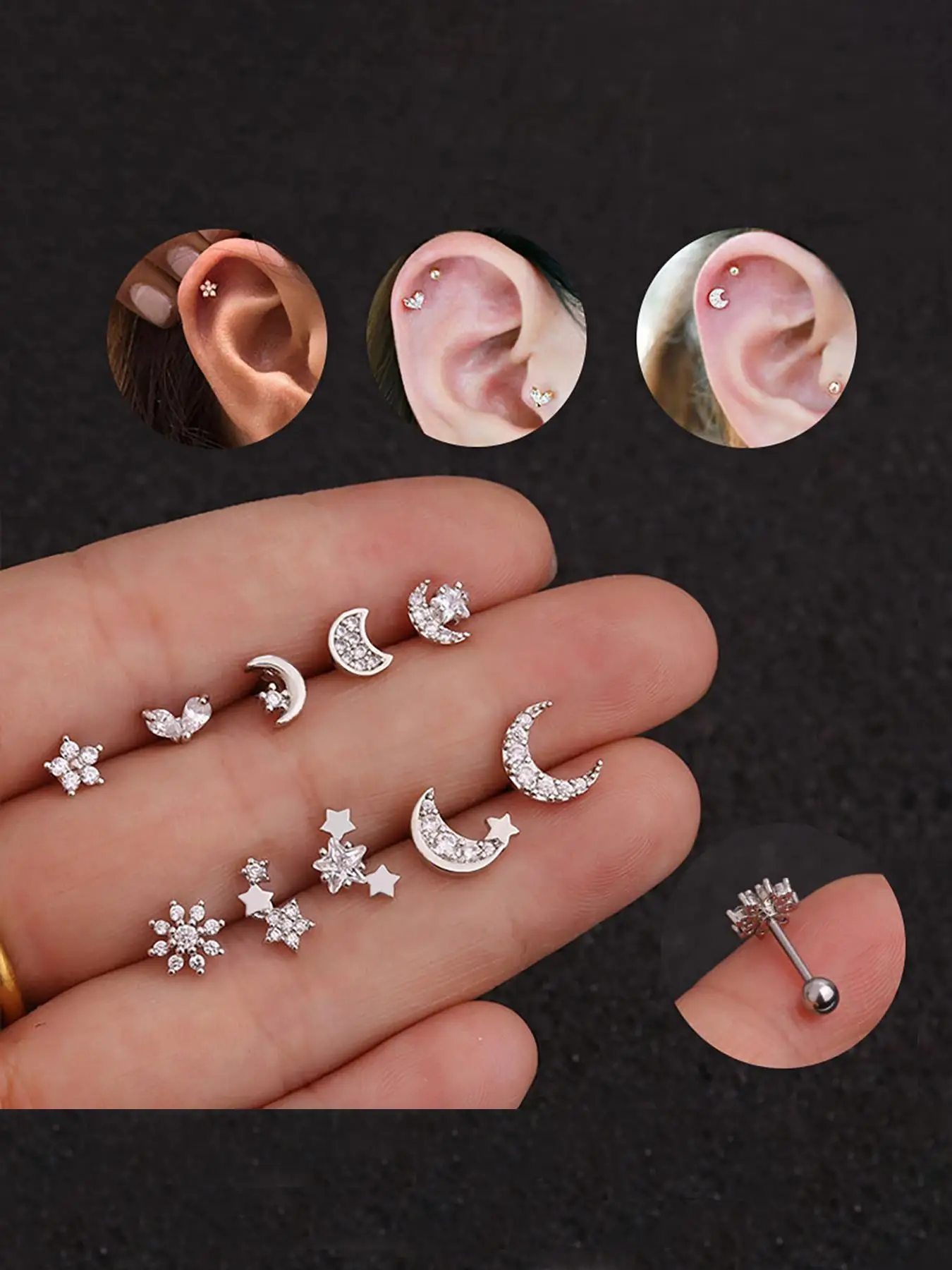Women's Elegant Rhinestone Decor Star & Moon Design Stud Earrings, 10pcs/set Trendy Exquisite Stud Earrings, Chic Gorgeous Jewelry