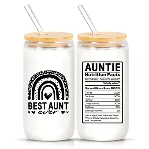 16oz Glass Cup with Straw & Brush, 1 Count Best Aunt Ever Letter Pattern Glass Cup with Wooden Lid, Drinking Cup for Home Office Use, Water Glass Cup, Gift for Aunt