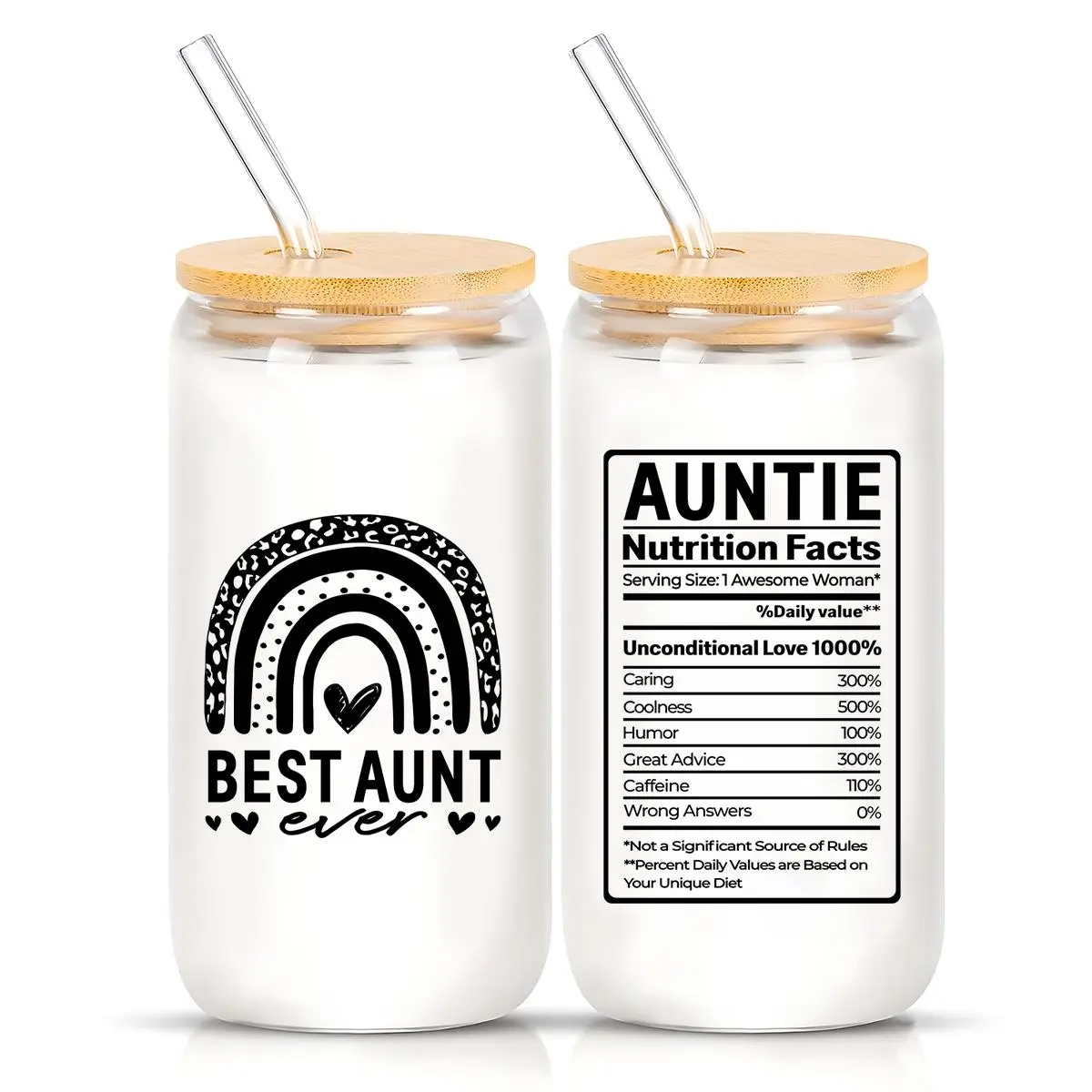 16oz Glass Cup with Straw & Brush, 1 Count Best Aunt Ever Letter Pattern Glass Cup with Wooden Lid, Drinking Cup for Home Office Use, Gift for Aunt