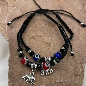 Pulsera de Ojo Turco de Protección - Evil Eye Protection Bracelet with Black Cord, Beads, and Animal Charms