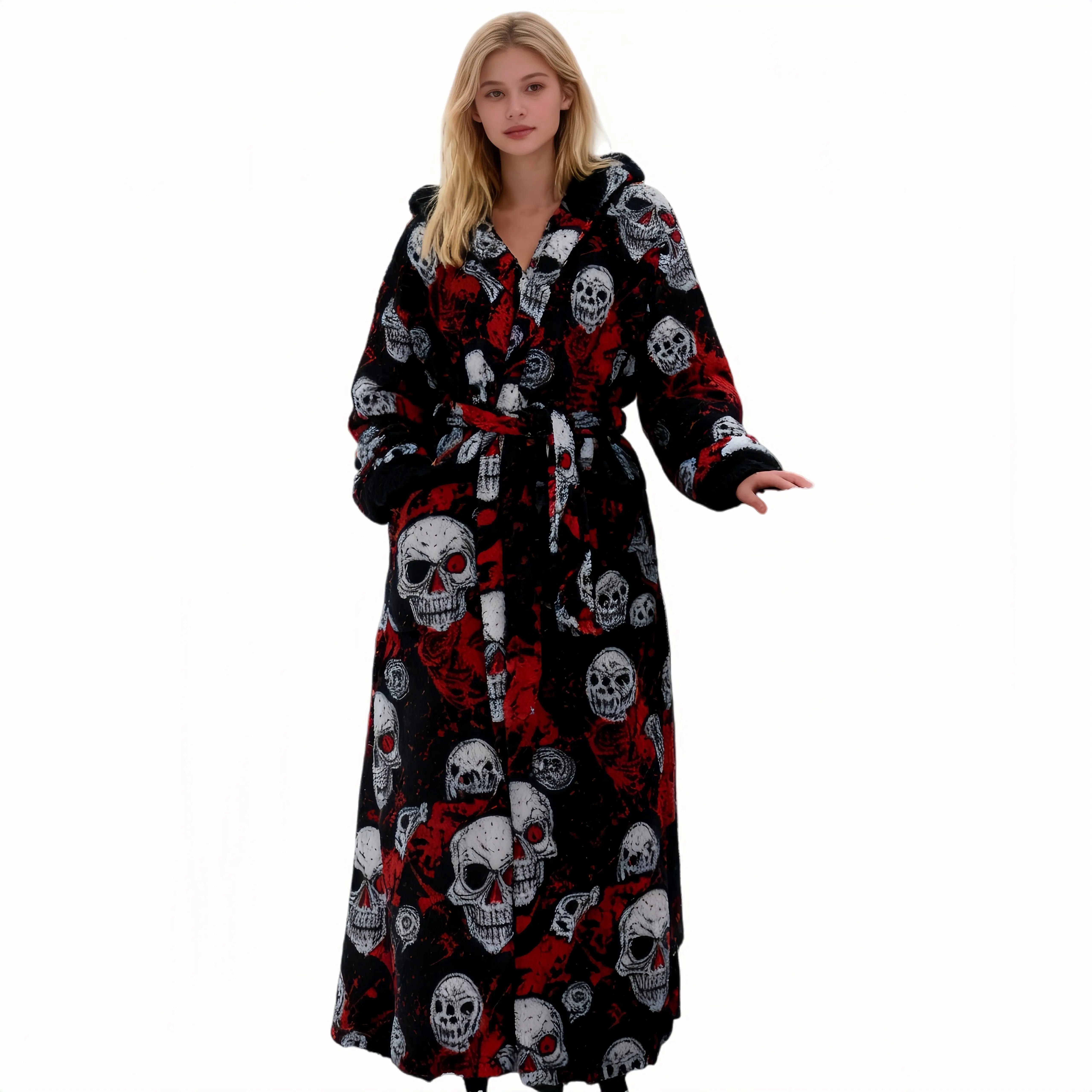 Hooded Bathrobe with Unique Pumpkin & Skull Patterns Long Sleeve Sherpa ...