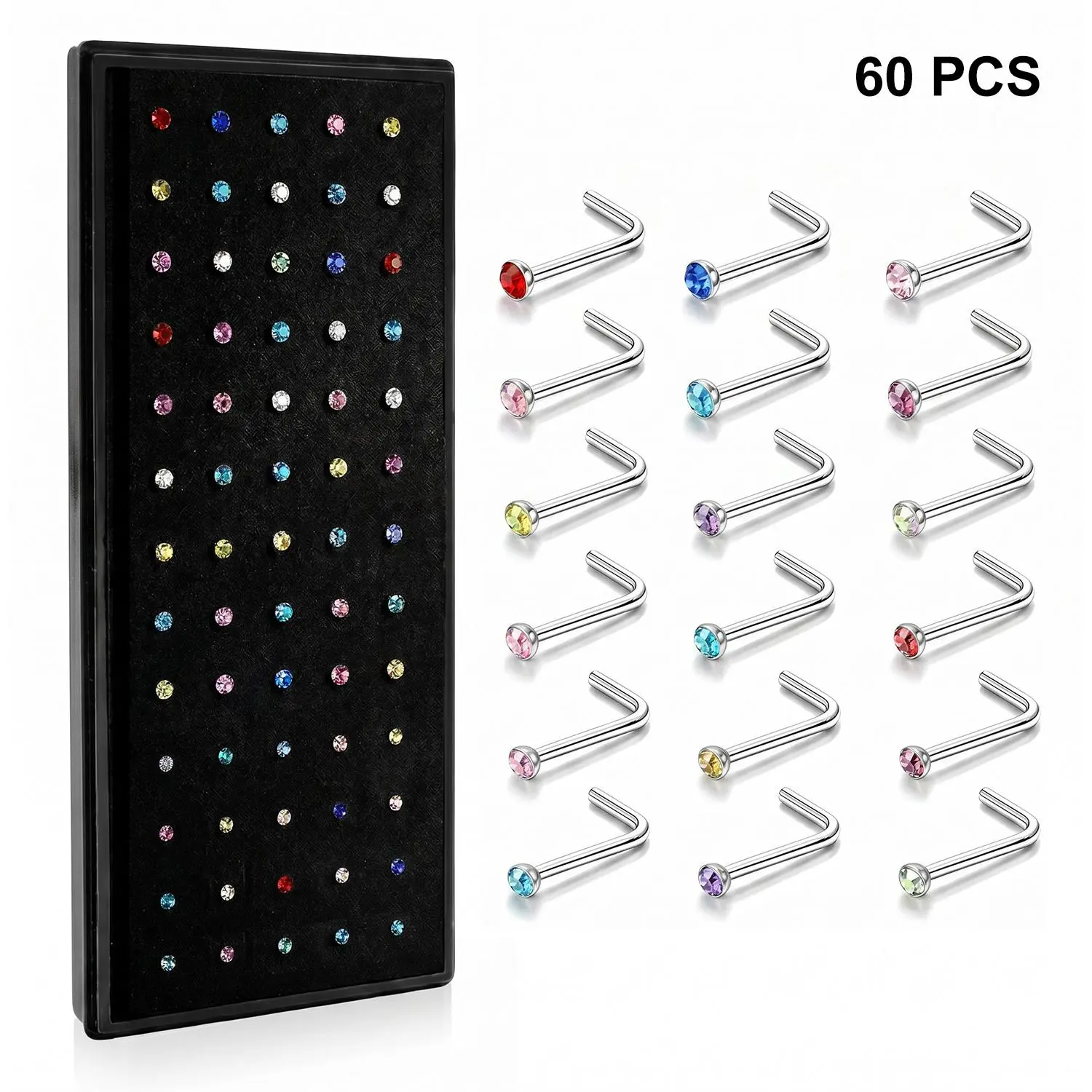 60PCS Stainless Steel Nose Stud Set, Straight & L Shape Nose Studs, 20G/22G Nose Pins for Nostril Piercing, Body Jewelry