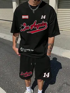 Men's two-piece set, including a printed crew-neck short-sleeved casual T-shirt and drawstring shorts. The pattern features stars, letters, and numbers.