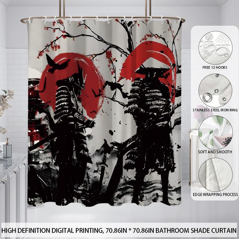 Japanese Ukiyo-e Samurai Shower Curtain Set, 1 Count Shower Curtain Or 4 Counts Bathroom Decoration Set Including Shower Curtain, Bath Mat, Toilet Lid Cover, U-Shaped Mat, Bathroom Accessories, with 12 Hooks