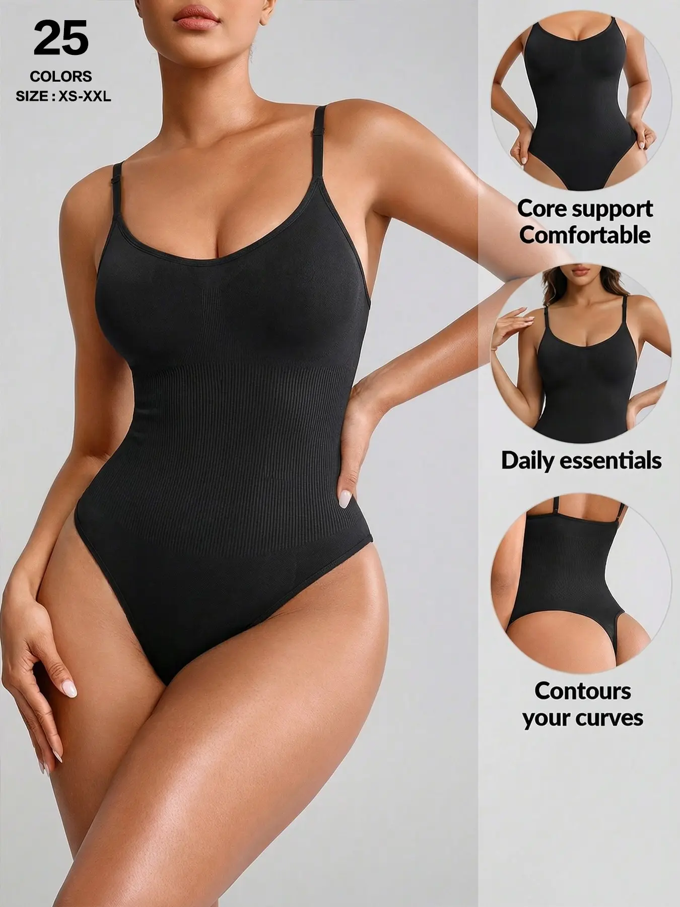 Women's Seamless Basic Shaping Bodysuit, Womenswear, Shapewear, Elastic Shapewear, Underwear, Tummy Control Slimming Thong Body Shaper, Adjustable Strap, Spaghetti Strap, Fit, Casual Style, All Seasons, Regular Length
