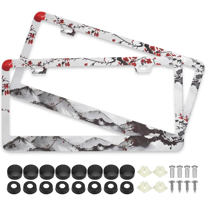 Watercolor Cherry Blossom License Plate Frames 2 Pack Japanese Sakura Steel Plate Holders Covers with Free Screws Fasteners Caps