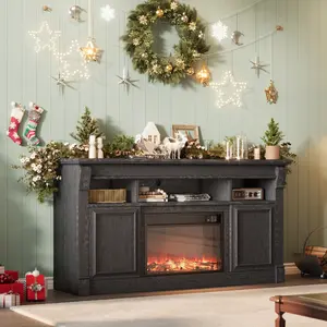 Farmhouse Fireplace TV Stand, 58 Inch Entertainment Center with 36 Inch Electric Fireplace, 3D Realistic Flame, Storage Cabinets, Wooden Media Console for Living Room - White/Brown, Black, Gray