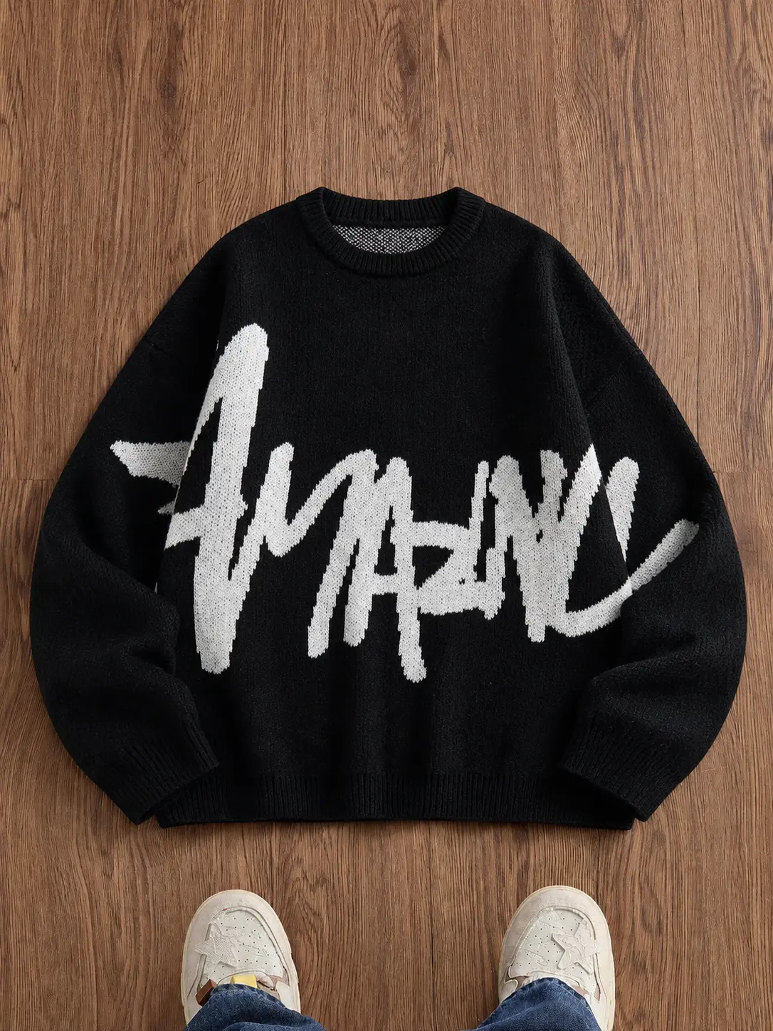 American street-style jacquard crewneck sweater with large lettering, loose fit, versatile casual knit top for autumn/winter