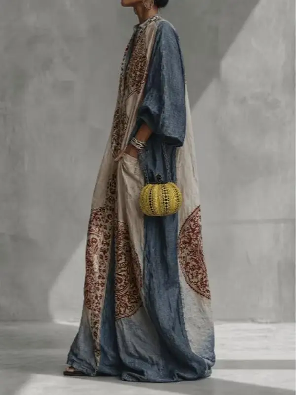 New Women's Casual Oversized Jumpsuit with Vintage Ethnic Print Patchwork, Loose-Fit Long Jumpsuit with Back Zipper