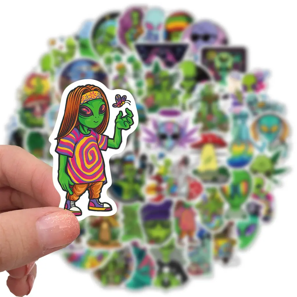50PCS Psychedelic Green Alien Graffiti Stickers Waterproof DIY Decal Set for Luggage Motorcycle Decoration Trolley Case