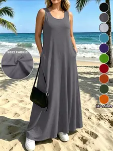 Plus Size Women's Summer Casual Long Dress, 10 Colors Available, Loose Fit Pocket Design, Perfect for Beach, Vacation, Daily Wear