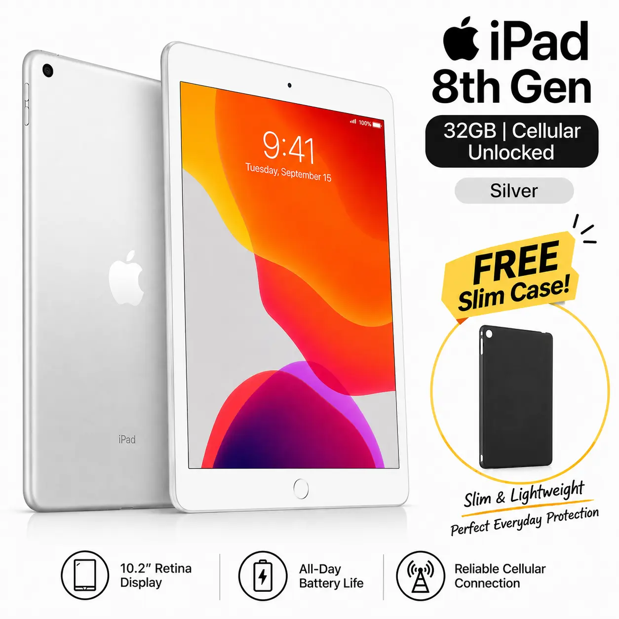 Refurbished iPad 8th Gen 32GB (WiFi+Cellular) with Case - Excellent Condition with 1 Year Warranty