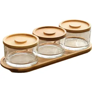 3 Slots Chip and Dip Serving Set with Bamboo Tray Small Glass Dipping Bowls with Lids for Snack Fruit Nut Condiment Salsa Dessert Serving Platter