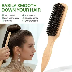 2-In-1 Bristle Slick Back Hair Brush, Sleek Ponytails & Buns, Wide Rat Tail for Sectioning, Edge Control, Teasing, Backcombing, Natural Wood Handle, Bristles, Hair Styling Brush