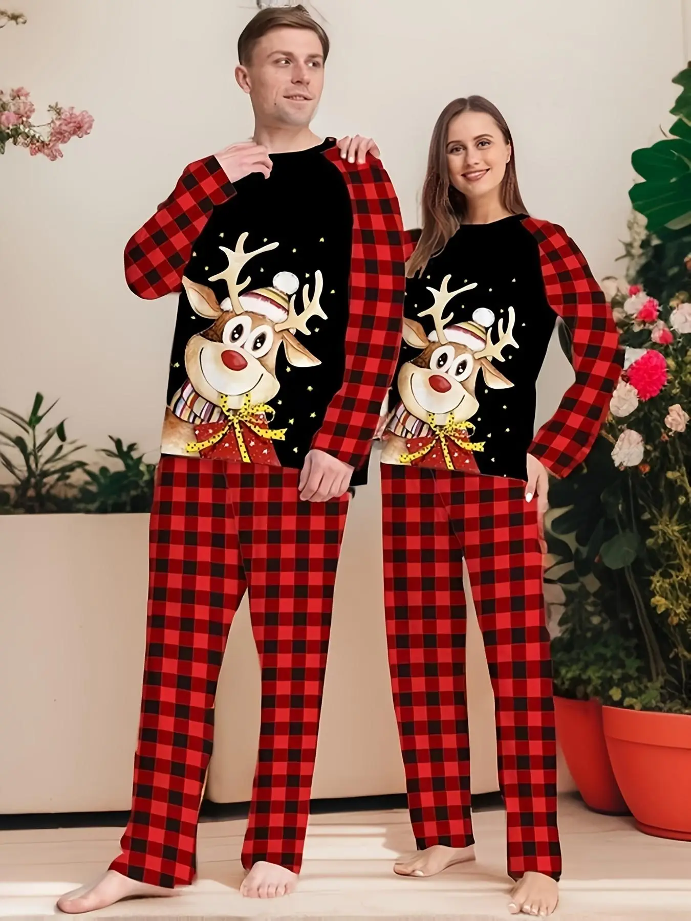 Couple's Christmas Themed Reindeer & Plaid Print Raglan Sleeve Pajama Set, Casual Comfy Long Sleeve Top & Elastic Waist Pants PJ Set, Valentine's Day