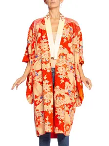 1940'S Coral Red & Pink Silk Origami Crane Print Kimono With Hand Embroidery