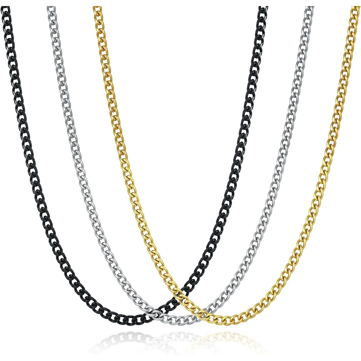 3-Piece Black Chain Set - Modern Stainless Steel 4mm Link Chains with Unisex Appeal for Casual Everyday Wear, Necklace Set, Cuban Link Necklace, Chain & Link