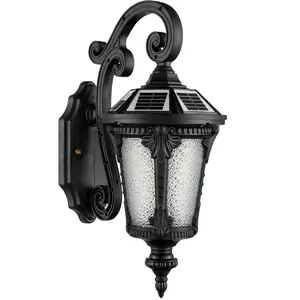 HOLKIRT Solar LED Wall Light Outdoor, Dimmable Waterproof LED Wall Sconce Wireless with Remote, Crystal-Flower Glass Shade Exterior Fixture Solar Powered for Porch Backyard Garage