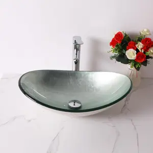 Lordear 21" Glass Bathroom Vessel Sink Vanity Countertop Oval Bowl with Chrome Pop up Drain Set, Glass Art Basin,Silver Foil