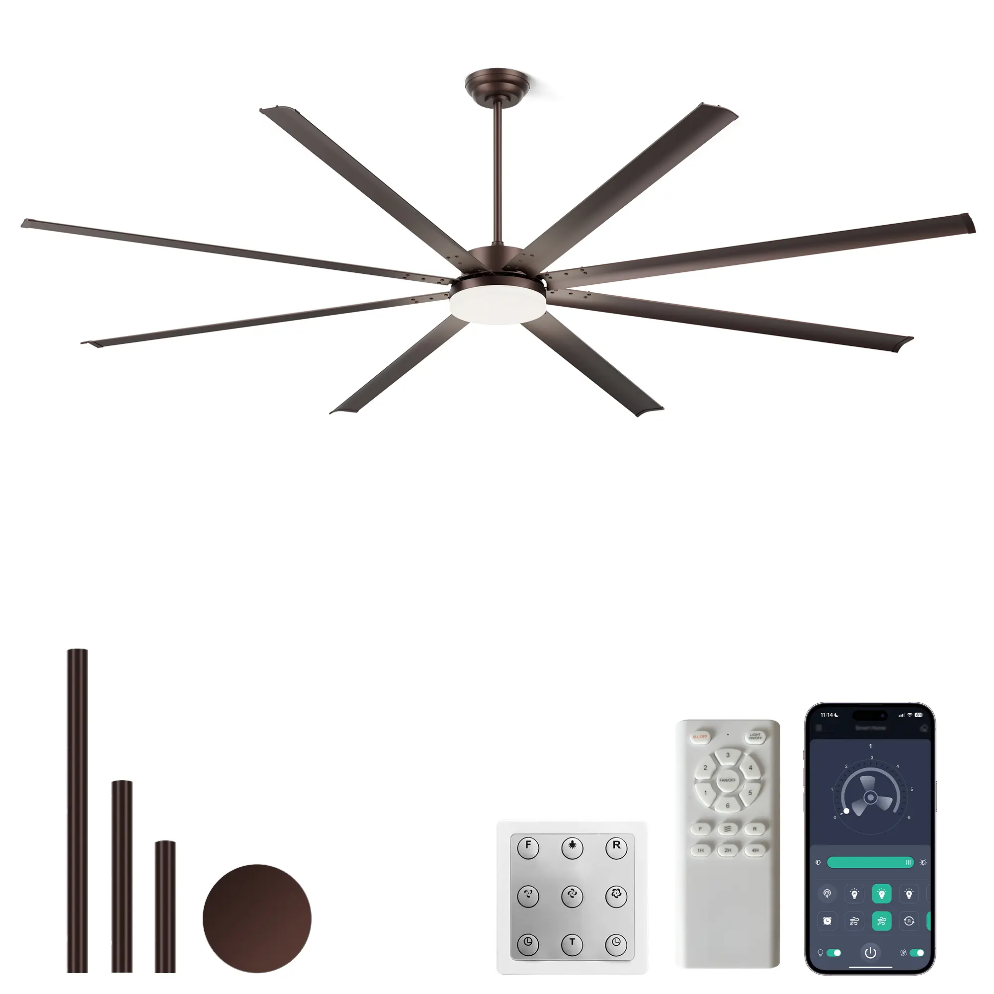 96 Inch Large Industrial Ceiling Fan with Light and Remote, 8 Aluminum Blades, 6-Speed DC Motor, Adjustable Height 3 Down Rods, Commercial Grade for Porch Garage Shop Patio Gazebo, Coffee, Home Furniture and Household Product Search Terms