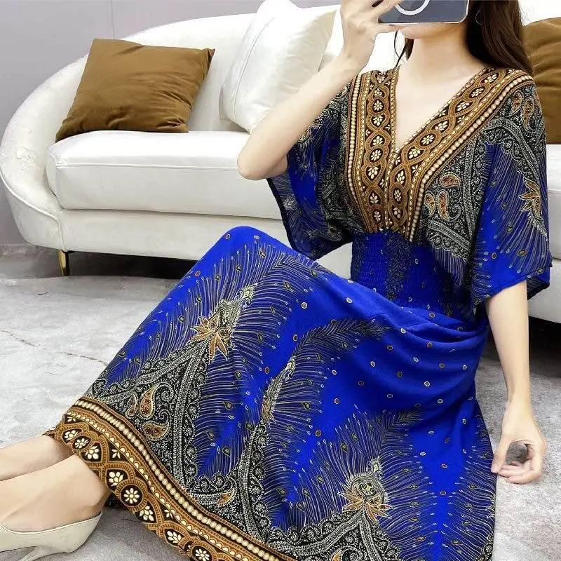 Casual Elegant Retro Bohemian National Style V-neck Elastic Waist Printed Summer Long Skirt Rayon Dress Fit Fabric Pullover