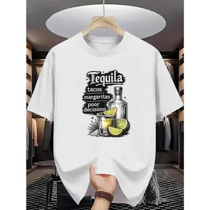Mens Funny Tequila Tacos Margaritas Graphic T Shirt Short Sleeve Crewneck Casual Summer Streetwear Top Bar Party Vacation Drinking Outfit