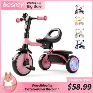 besrey Kids Tricycle with Flash Wheels, Bell, Pink, Motion Activated, Backrest, Fun, Convenience, Suitable for Ages 18 Months to 5 Years
