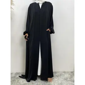 Women's Solid Long Sleeve Belted Open Abaya without Hijab & Dress, Modest Bishop Sleeve Open Front Outerwear for Spring & Fall, Casual Muslim Women's Islamic Clothing