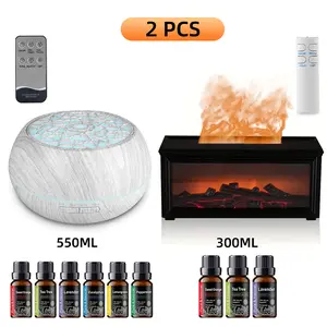 2 pieces Aroma Diffuser Humidifier Set, 300ml Fireplace & 550ml Wood Grain, Remote, 9 Oils, LED, Quiet Gift